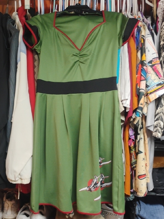 Sourpuss Dresses & Skirts - Sourpuss Olive Green Fit-and-Flare Dress with Black Waist and Red Trim